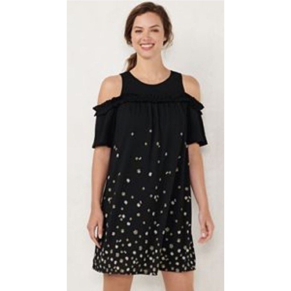Lauren Conrad Cold Shoulder Ruffle A-Line Black Printed Dress Sz XL